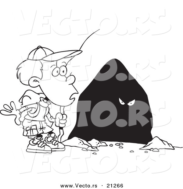Vector of a Cartoon Hiker Boy Seeing Eyes in a Cave - Coloring Page Outline