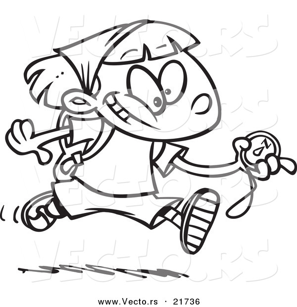 Vector of a Cartoon Hiker Girl Running with a Compass - Outlined Coloring Page
