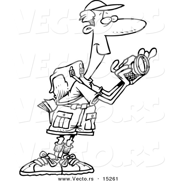 Vector of a Cartoon Hiker Taking Nature Pictures - Coloring Page Outline