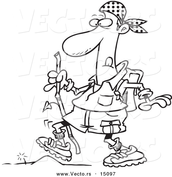 Vector of a Cartoon Hiker Walking over a Tiny Obstacle - Coloring Page Outline