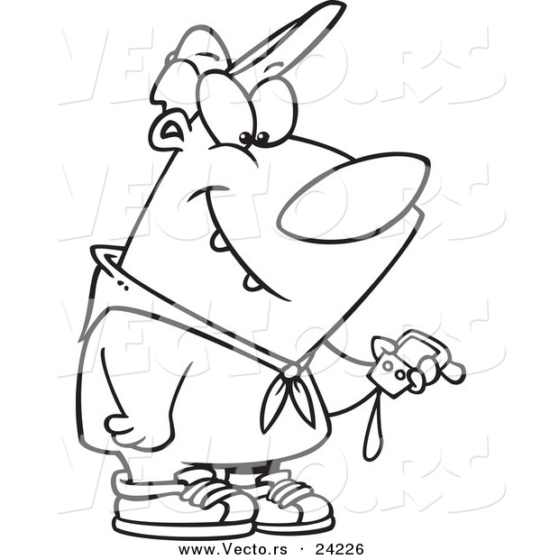Vector of a Cartoon Hiking Bear Using a GPS Tool - Coloring Page Outline