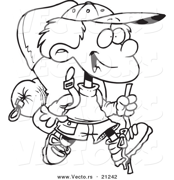 Vector of a Cartoon Hiking Boy with Camping Gear - Coloring Page Outline