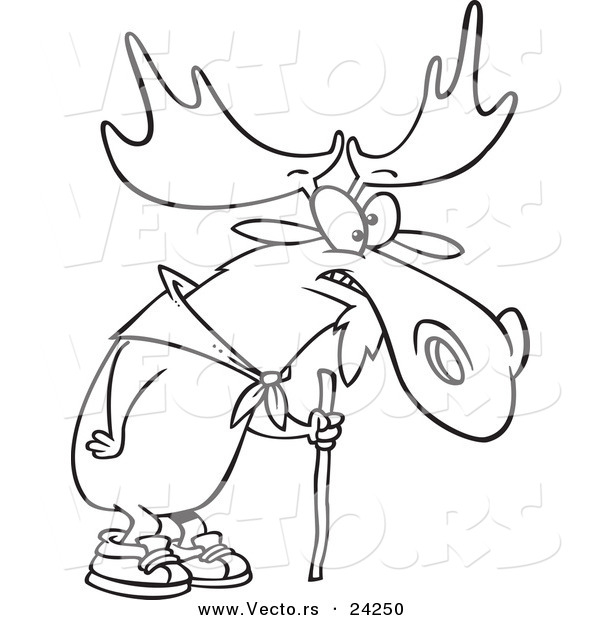 Vector of a Cartoon Hiking Moose Using a Walking Stick - Outlined Coloring Page
