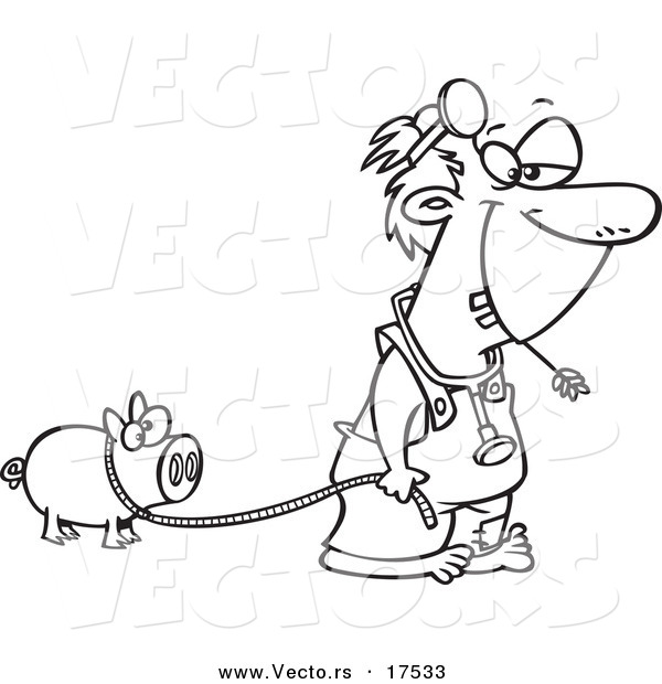 Vector of a Cartoon Hillbilly Doctor with a Pet Pig - Coloring Page Outline