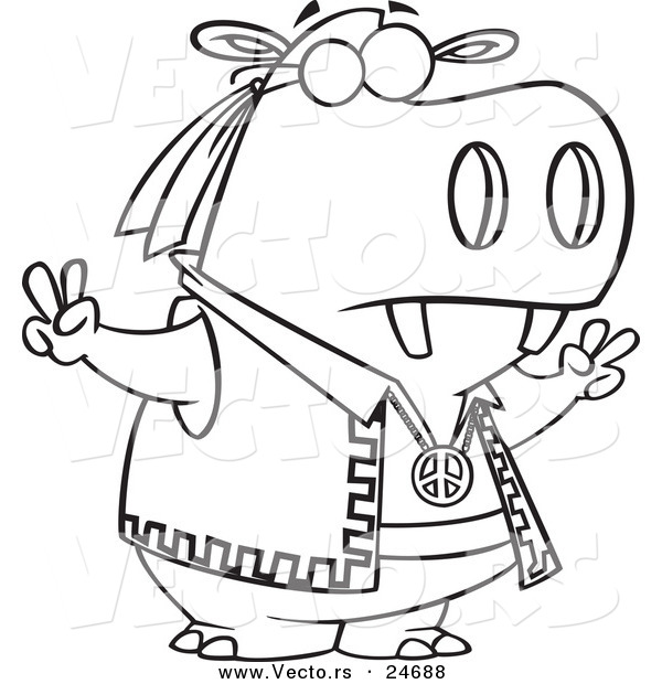 Vector of a Cartoon Hippie Hippo Gesturing Peace - Outlined Coloring Page