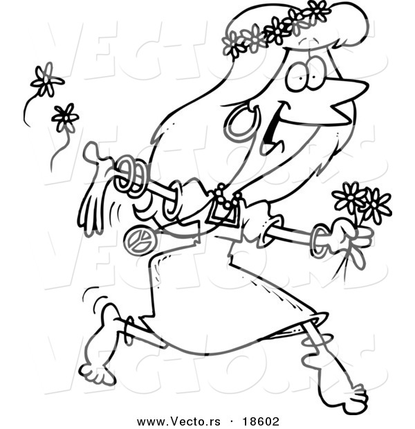 Vector of a Cartoon Hippie Woman Running with Flowers - Outlined Coloring Page