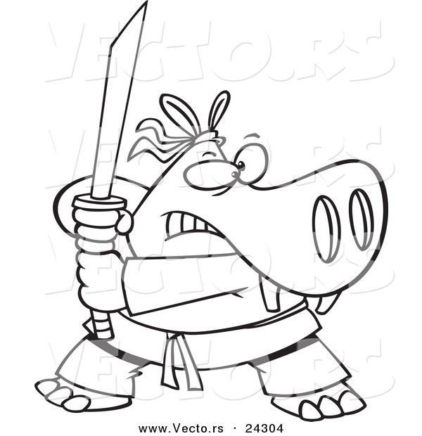 Vector of a Cartoon Hippo Ninja Black and White Outline - Outlined Coloring Page