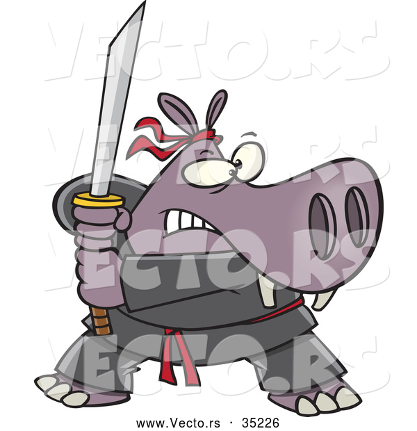 Vector of a Cartoon Hippo Ninja with a Sword