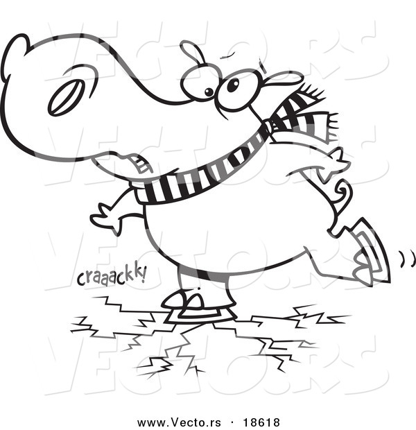 Vector of a Cartoon Hippo Skating on Cracking Ice - Outlined Coloring Page