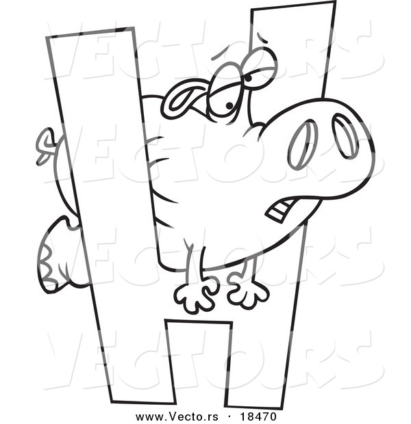 Vector of a Cartoon Hippo Squeezing Through a Letter H - Outlined Coloring Page