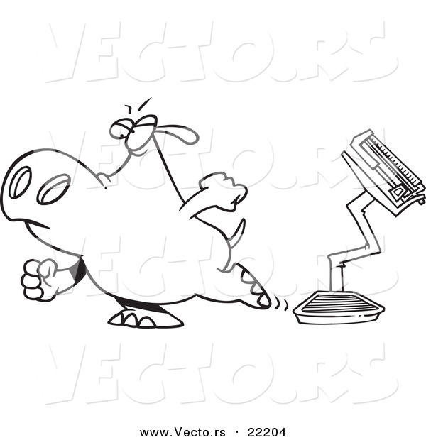 Vector of a Cartoon Hippo Walking Away from a Broken Scale - Outlined Coloring Page