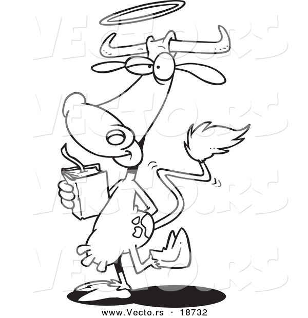 Vector of a Cartoon Holy Cow with a Halo and Bible - Outlined Coloring Page