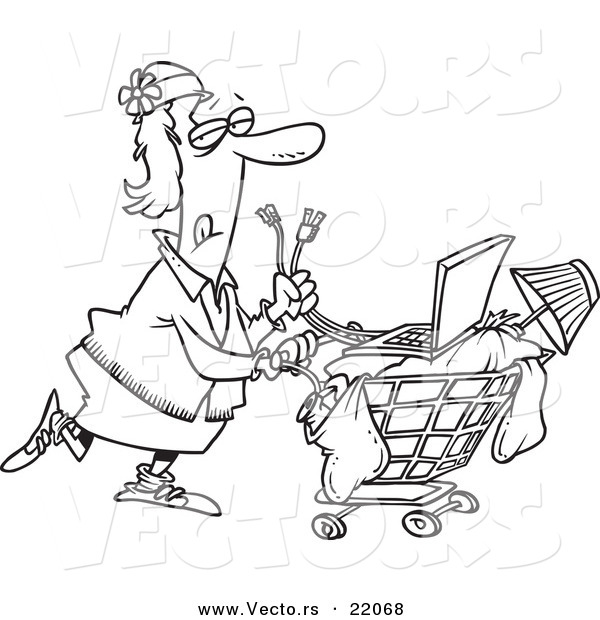 Vector of a Cartoon Homeless Woman Pushing a Laptop on Her Cart - Outlined Coloring Page