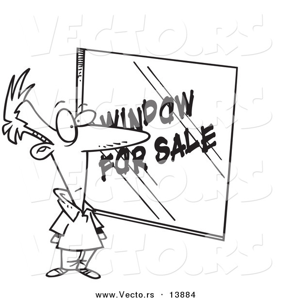 Vector of a Cartoon Homeowner Shopping for Windows - Coloring Page Outline