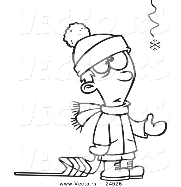 Vector of a Cartoon Hopeful Boy with a Sled and One Snowflake - Outlined Coloring Page