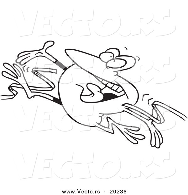 Vector of a Cartoon Hopping Frog Breaking Through the Finish Line Ribbon - Outlined Coloring Page
