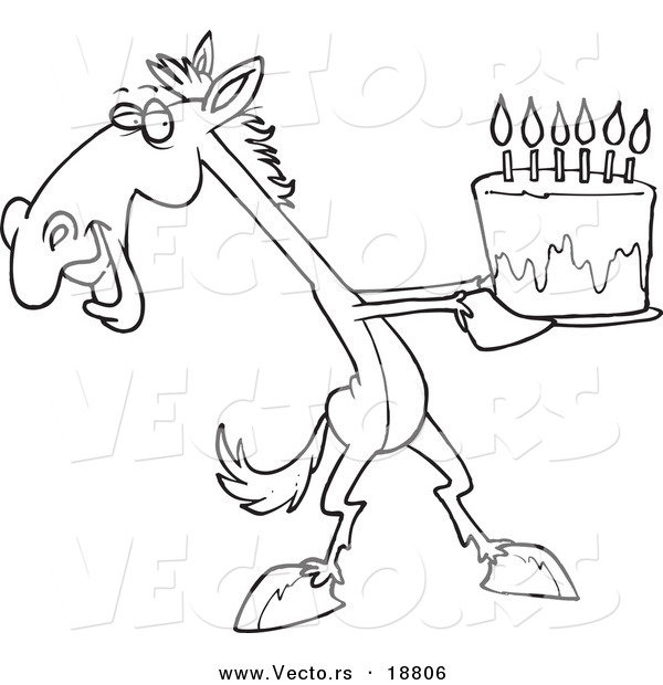 Vector of a Cartoon Horse Presenting a Birthday Cake - Outlined Coloring Page