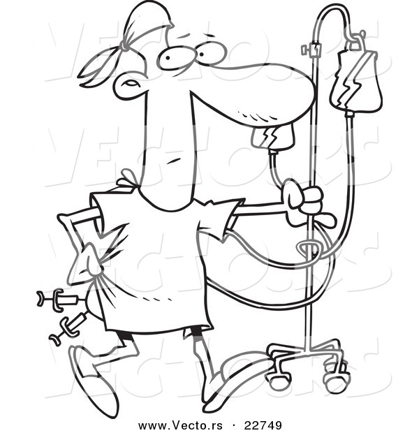 Vector of a Cartoon Hospital Patient with Needles in His Butt - Coloring Page Outline