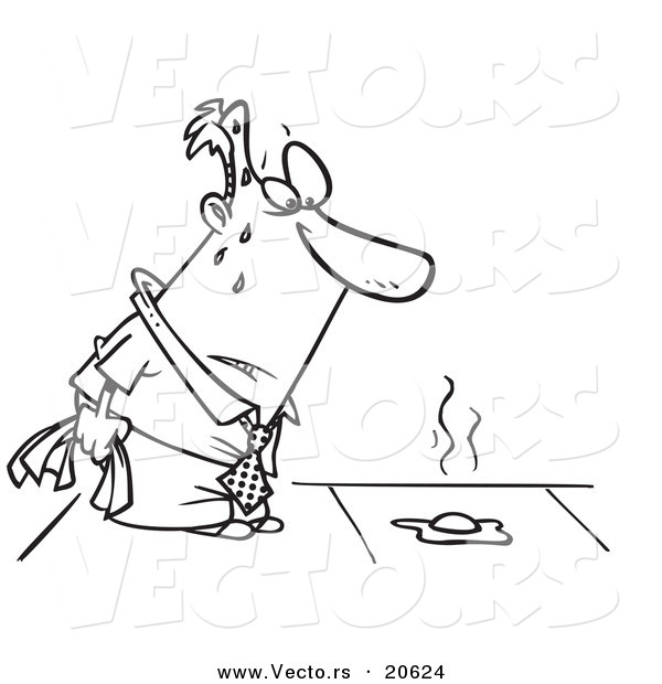 Vector of a Cartoon Hot Man Watching an Egg Fry on a Sidewalk - Coloring Page Outline