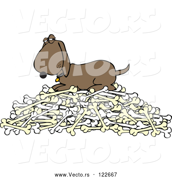 Vector of a Cartoon Hound Dog Protecting Pile of Bones