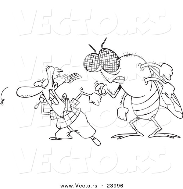 Vector of a Cartoon Huge Fly Behind a Man Swatting Flies - Coloring Page Outline
