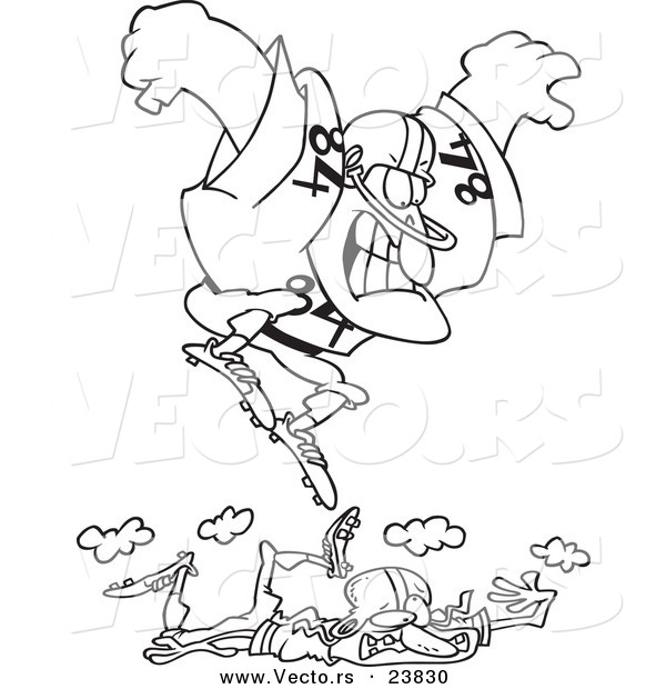 Vector of a Cartoon Huge Footballer Stomping on a Smaller Guy - Coloring Page Outline