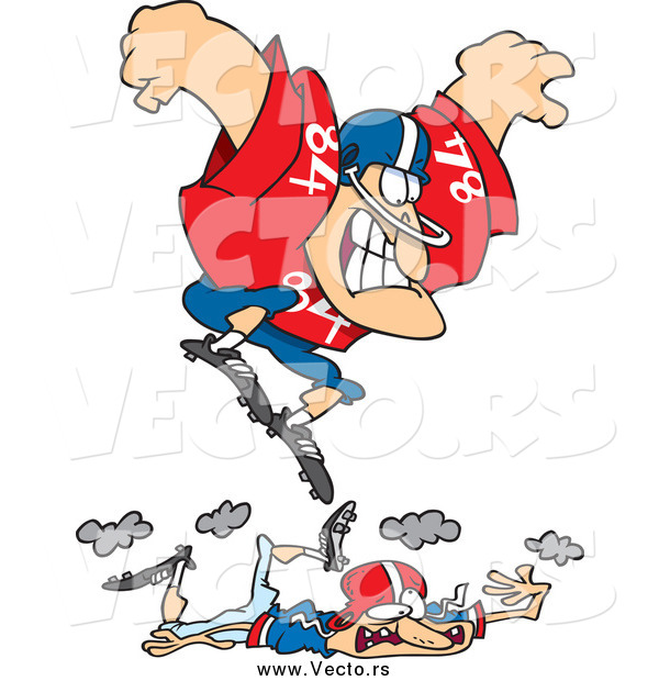 Vector of a Cartoon Huge White Male Footballer Stomping on a Smaller Guy