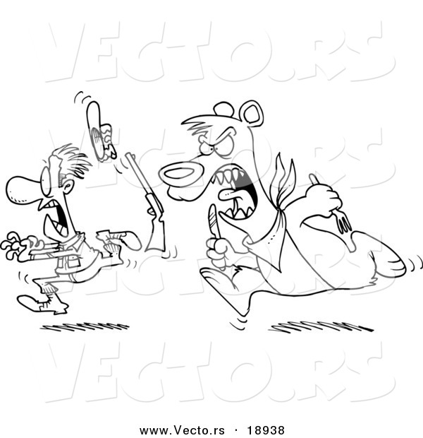 Vector of a Cartoon Hungry Bear Chasing a Hunter - Outlined Coloring Page