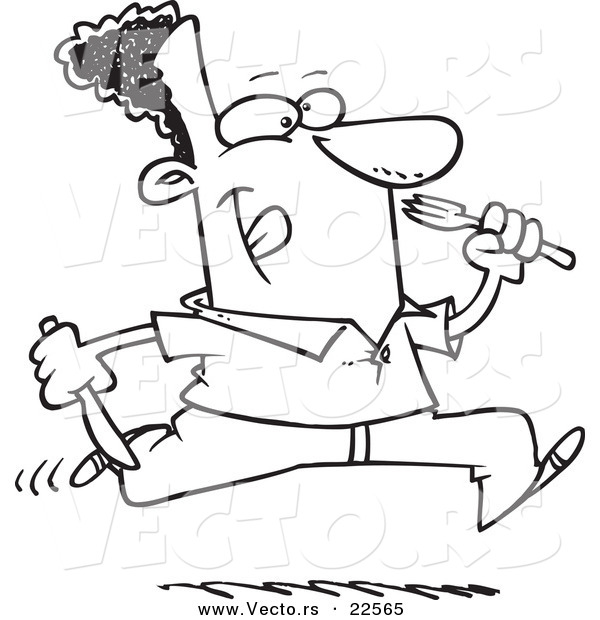 Vector of a Cartoon Hungry Black Man Running with Cutlery - Coloring Page Outline