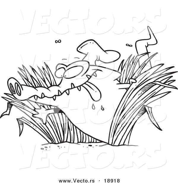 Vector of a Cartoon Hungry Chef Gator in Grasses - Outlined Coloring Page