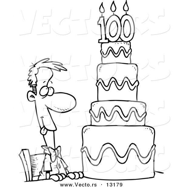 Vector of a Cartoon Hungry Guy Drooling over a 100 Birthday Cake - Coloring Page Outline