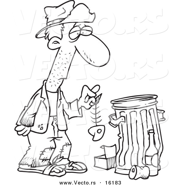 Vector of a Cartoon Hungry Homeless Man Holding a Fish Bone by a Trash Can - Outlined Coloring Page Drawing
