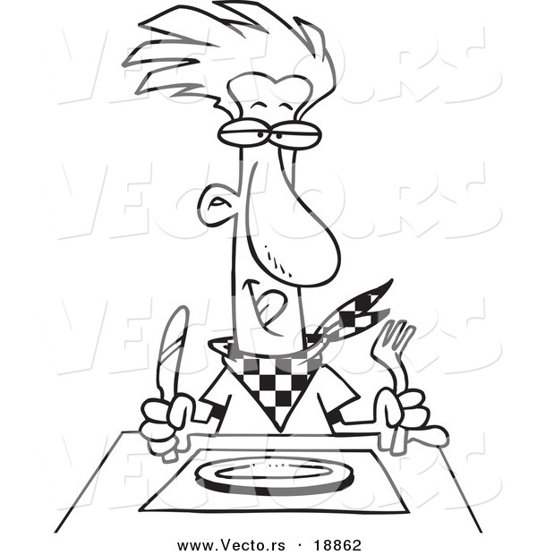 Vector of a Cartoon Hungry Man Waiting for His Dinner - Outlined Coloring Page