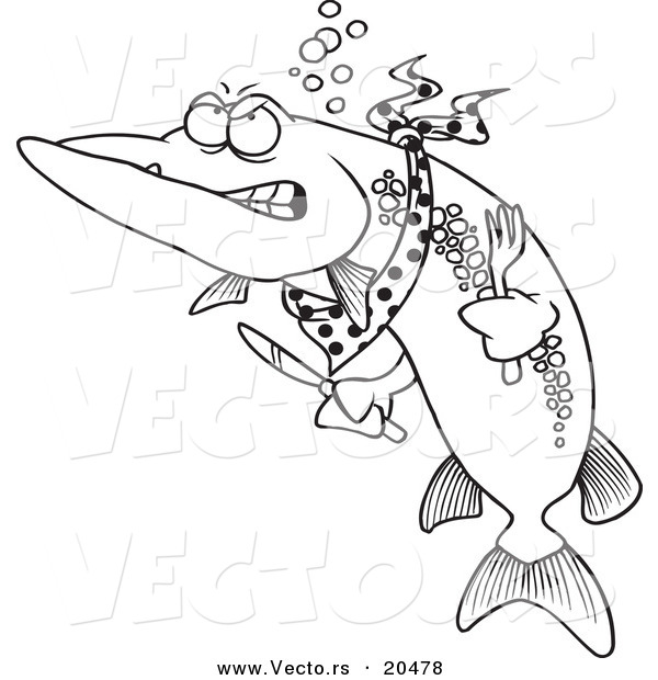 Vector of a Cartoon Hungry Muskie Fish - Coloring Page Outline