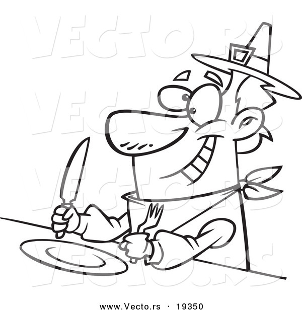 Vector of a Cartoon Hungry Pilgrim Awaiting His Dinner - Outlined Coloring Page