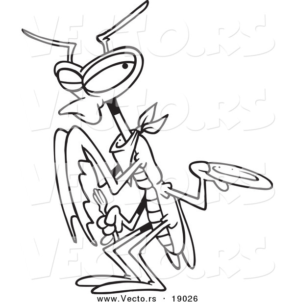 Vector of a Cartoon Hungry Praying Mantis Holding out a Plate - Outlined Coloring Page