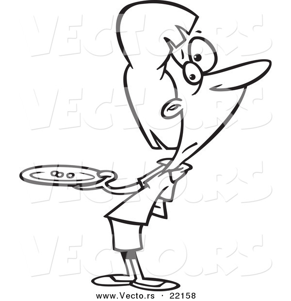 Vector of a Cartoon Hungry Woman Holding a Plate with Three Peas - Outlined Coloring Page