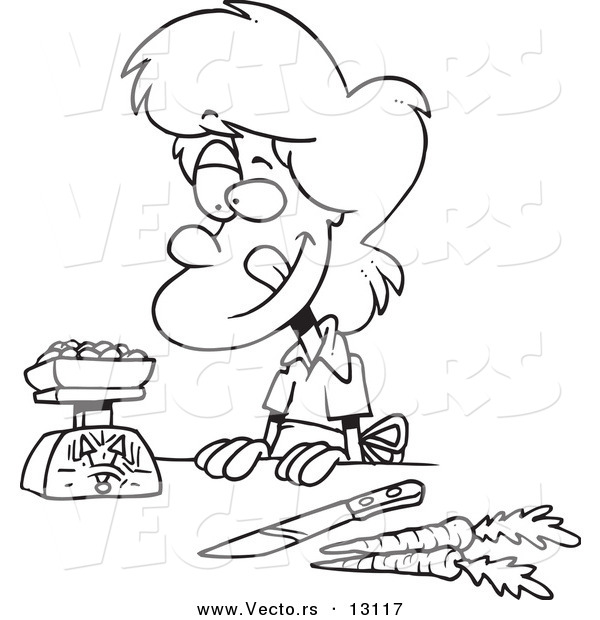 Vector of a Cartoon Hungry Woman Weighing Her Food - Coloring Page Outline