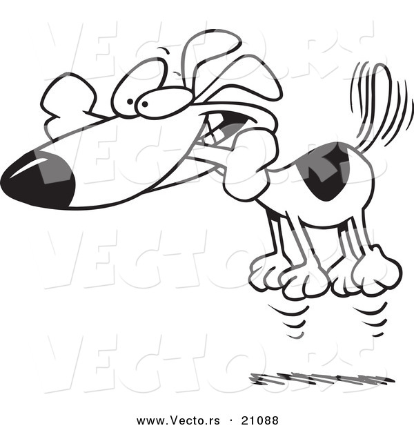 Vector of a Cartoon Hyper Dog Jumping with a Bone in His Mouth - Coloring Page Outline