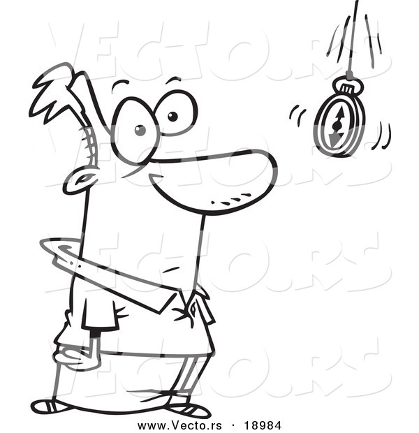 Vector of a Cartoon Hypnotized Man Staring at a Swaying Pocket Watch - Outlined Coloring Page