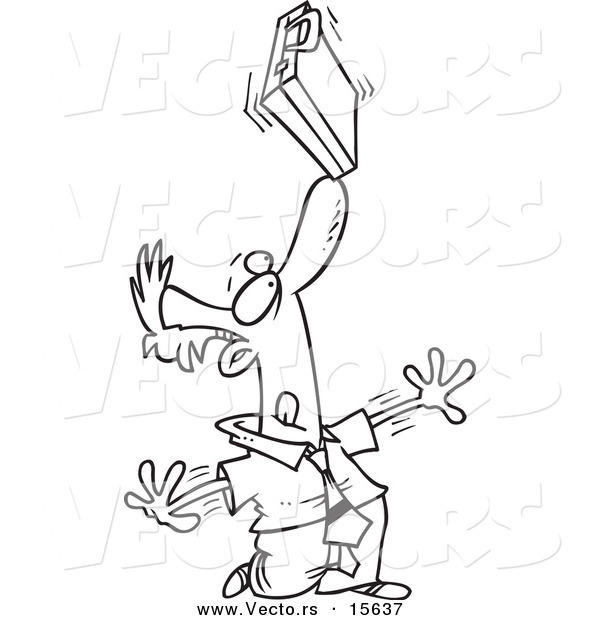 Vector of a Cartoon Idle Businessman Balancing a Briefcase on His Nose - Coloring Page Outline
