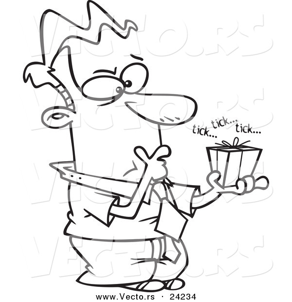 Vector of a Cartoon Indecisive Man Holding a Ticking Box - Coloring Page Outline
