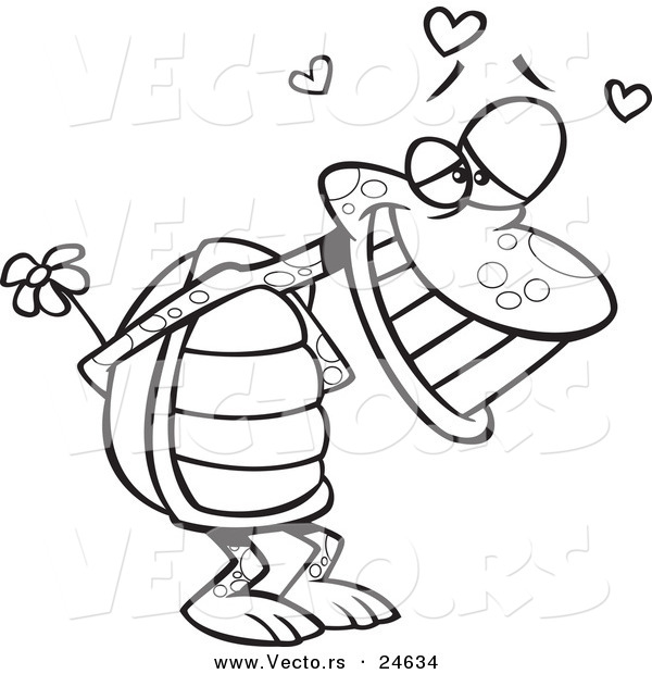 Vector of a Cartoon Infatuated Tortoise Holding Flowers - Outlined Coloring Page