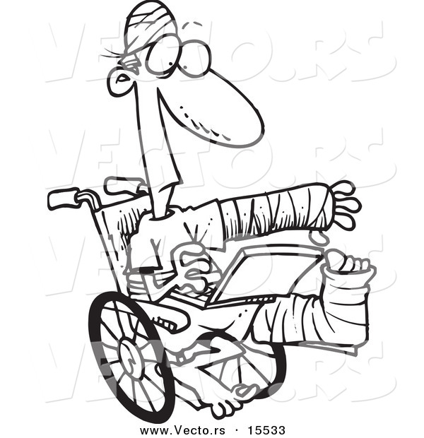 Vector of a Cartoon Injured Guy Using a Laptop in a Wheelchair - Coloring Page Outline