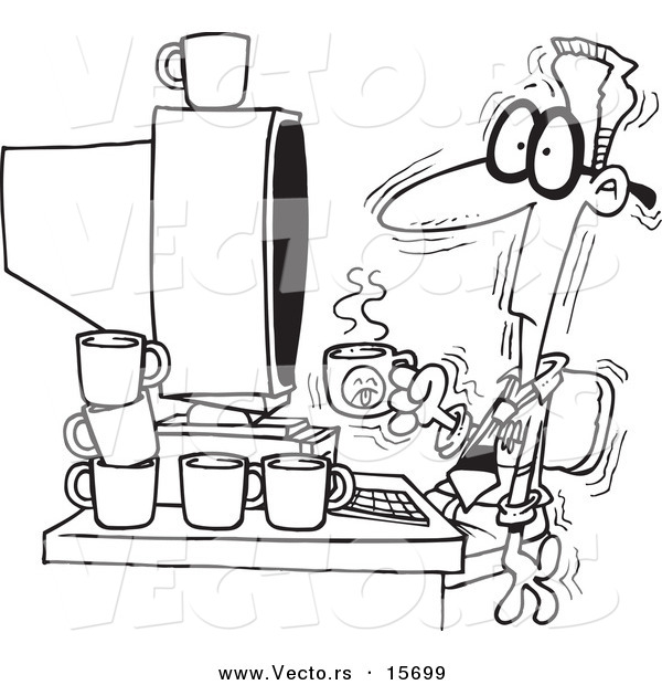 Vector of a Cartoon Jittery Businessman Drinking Another Cup of Coffee at a Computer - Coloring Page Outline