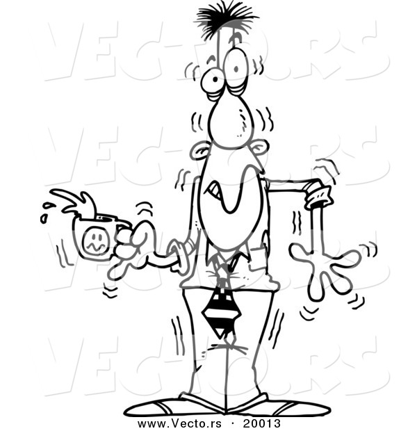 Vector of a Cartoon Jittery Businessman Holding Coffee - Outlined Coloring Page