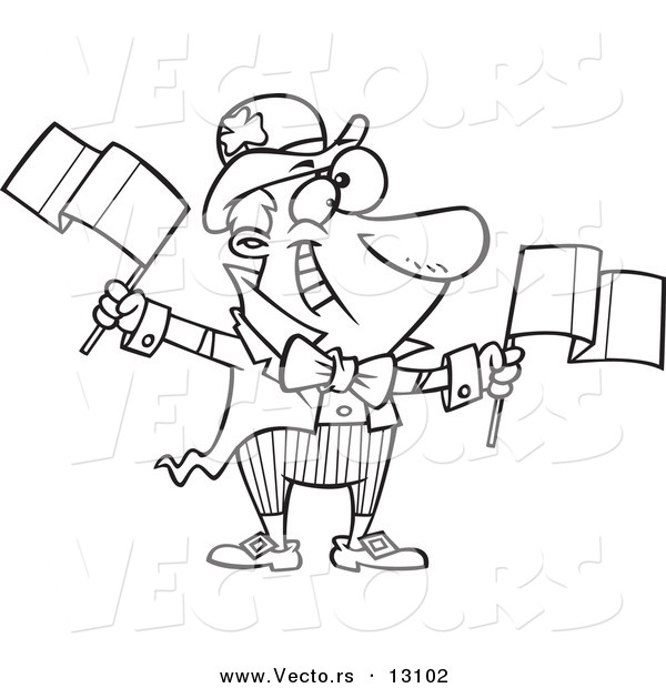 Vector of a Cartoon Jolly Irish Man Leprechaun Waving Two Flags - Outlined Coloring Page