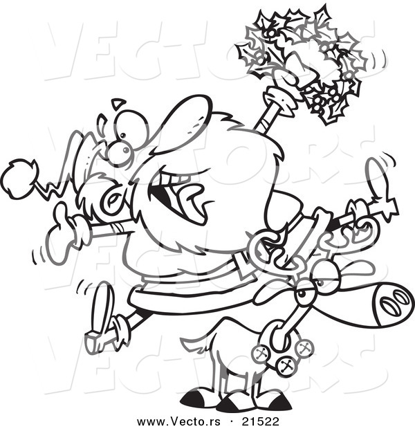 Vector of a Cartoon Joyous Santa Riding a Reindeer - Outlined Coloring Page