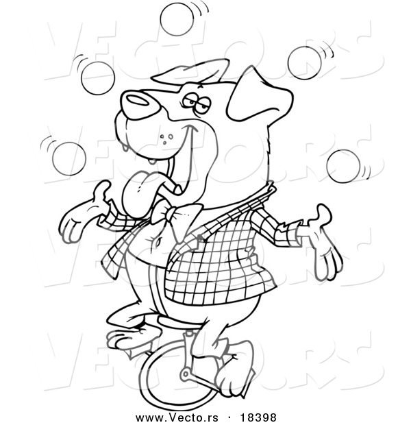 Vector of a Cartoon Juggling Rottweiler on a Unicycle - Outlined Coloring Page