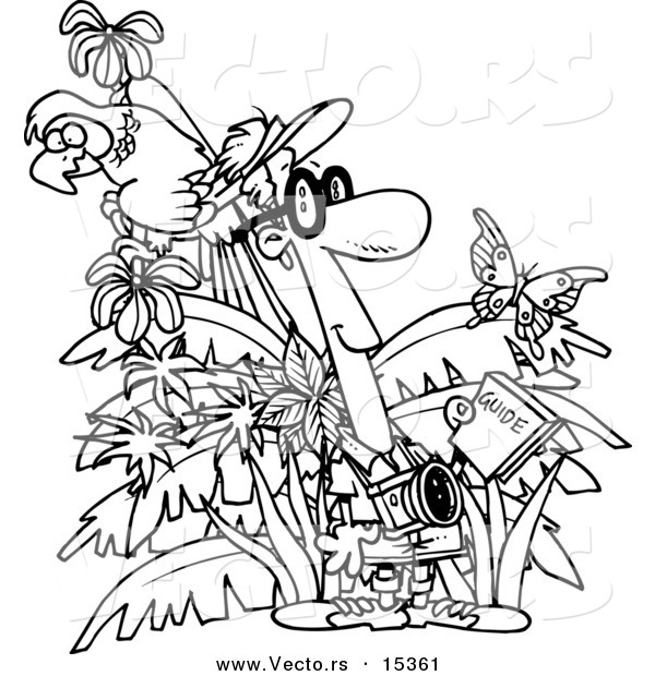 Vector of a Cartoon Jungle Tourist - Coloring Page Outline